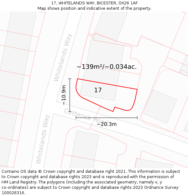 17, WHITELANDS WAY, BICESTER, OX26 1AF: Plot and title map