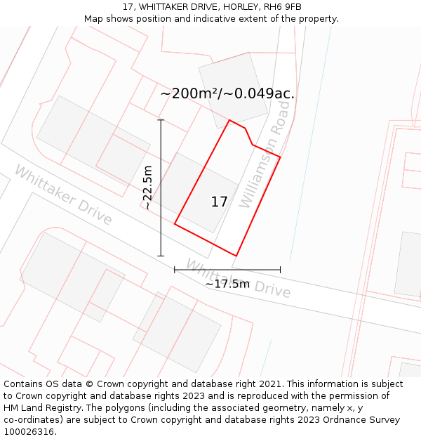 17, WHITTAKER DRIVE, HORLEY, RH6 9FB: Plot and title map