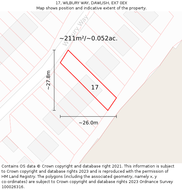 17, WILBURY WAY, DAWLISH, EX7 0EX: Plot and title map