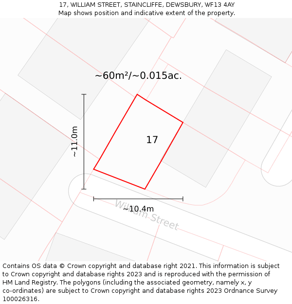 17, WILLIAM STREET, STAINCLIFFE, DEWSBURY, WF13 4AY: Plot and title map