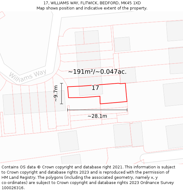 17, WILLIAMS WAY, FLITWICK, BEDFORD, MK45 1XD: Plot and title map
