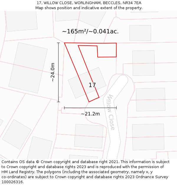 17, WILLOW CLOSE, WORLINGHAM, BECCLES, NR34 7EA: Plot and title map