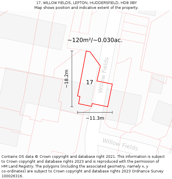 17, WILLOW FIELDS, LEPTON, HUDDERSFIELD, HD8 0BY: Plot and title map