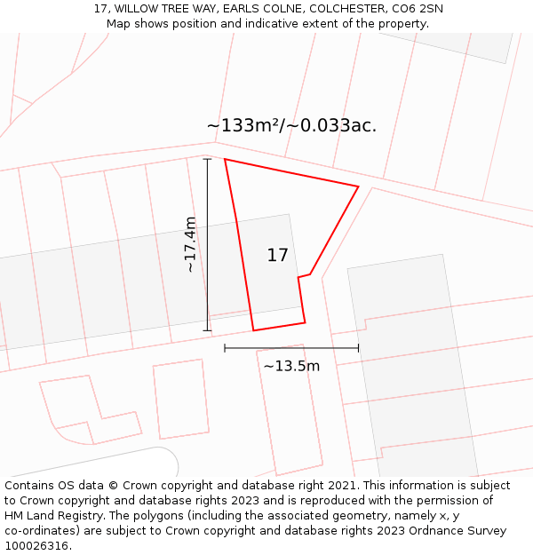 17, WILLOW TREE WAY, EARLS COLNE, COLCHESTER, CO6 2SN: Plot and title map