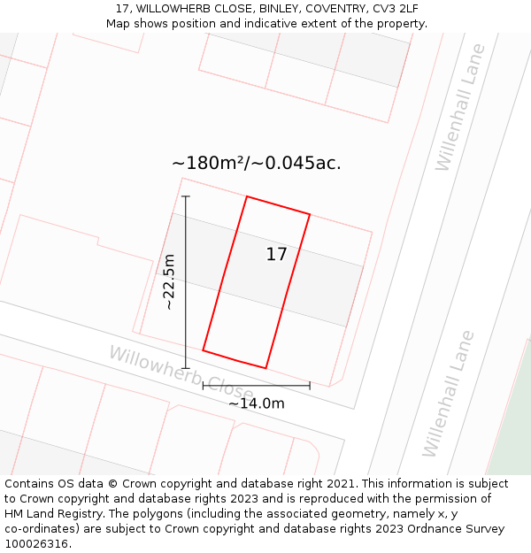 17, WILLOWHERB CLOSE, BINLEY, COVENTRY, CV3 2LF: Plot and title map