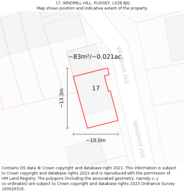 17, WINDMILL HILL, PUDSEY, LS28 8JQ: Plot and title map