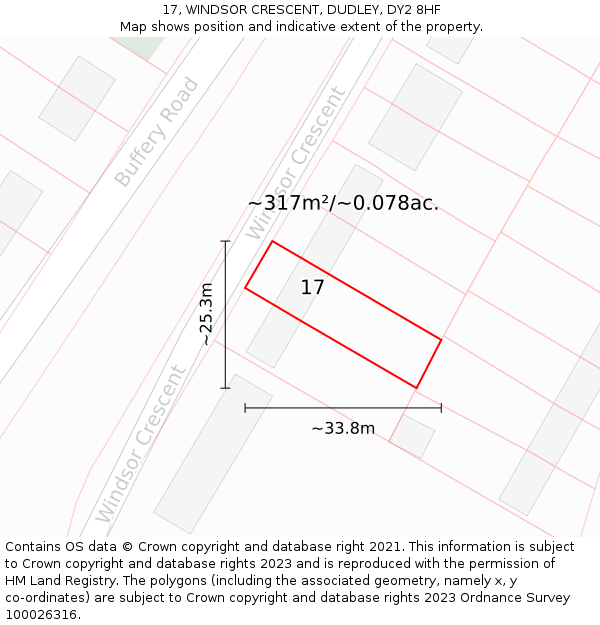 17, WINDSOR CRESCENT, DUDLEY, DY2 8HF: Plot and title map