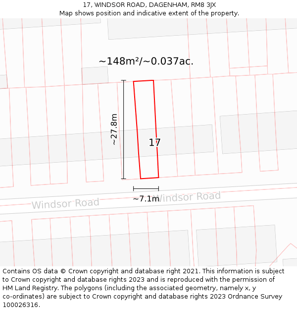 17, WINDSOR ROAD, DAGENHAM, RM8 3JX: Plot and title map