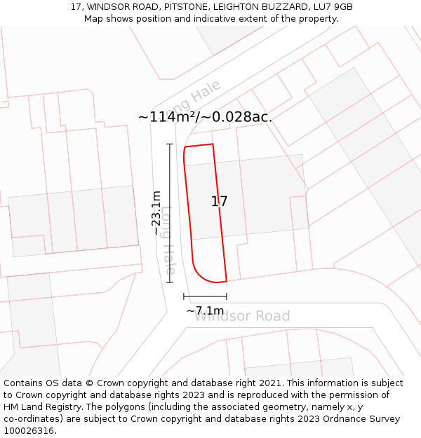17, WINDSOR ROAD, PITSTONE, LEIGHTON BUZZARD, LU7 9GB: Plot and title map