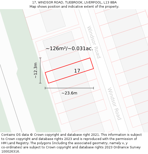 17, WINDSOR ROAD, TUEBROOK, LIVERPOOL, L13 8BA: Plot and title map