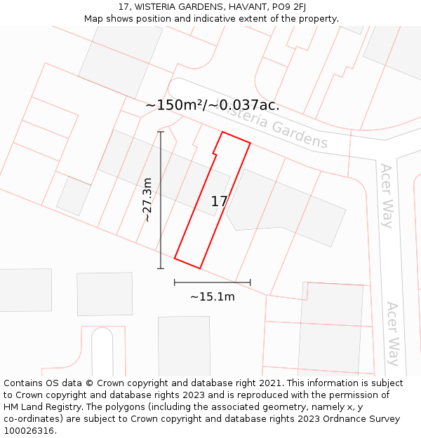 17, WISTERIA GARDENS, HAVANT, PO9 2FJ: Plot and title map