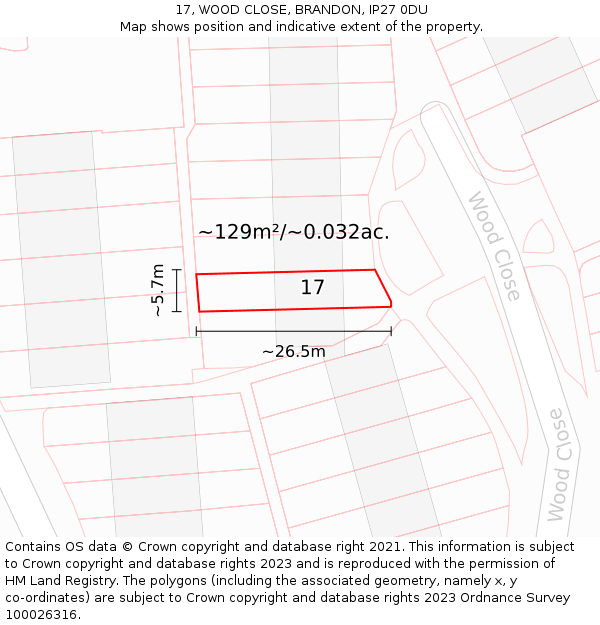 17, WOOD CLOSE, BRANDON, IP27 0DU: Plot and title map