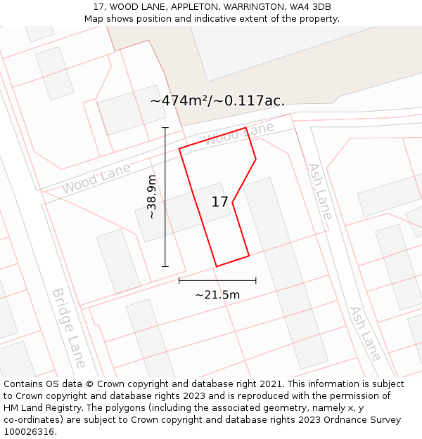 17, WOOD LANE, APPLETON, WARRINGTON, WA4 3DB: Plot and title map