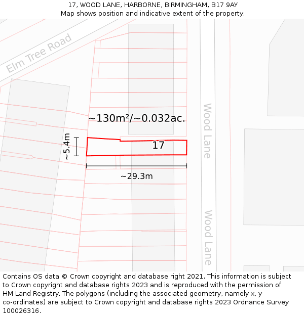 17, WOOD LANE, HARBORNE, BIRMINGHAM, B17 9AY: Plot and title map