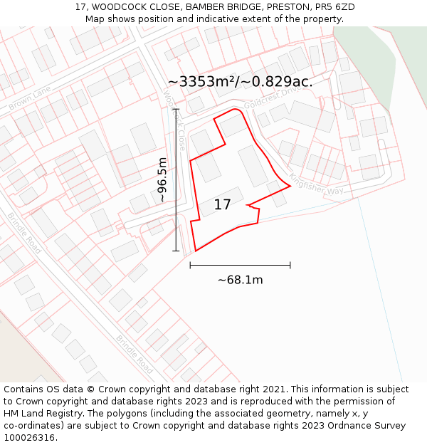 17, WOODCOCK CLOSE, BAMBER BRIDGE, PRESTON, PR5 6ZD: Plot and title map