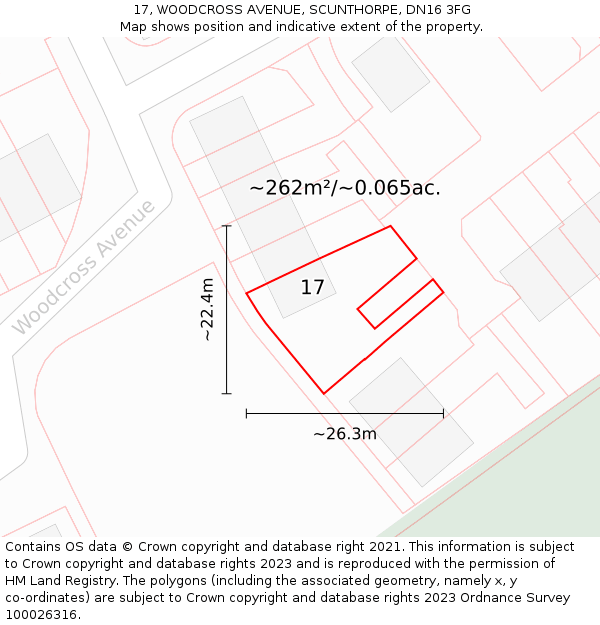 17, WOODCROSS AVENUE, SCUNTHORPE, DN16 3FG: Plot and title map