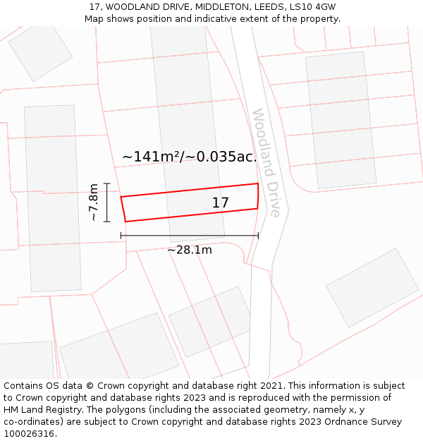 17, WOODLAND DRIVE, MIDDLETON, LEEDS, LS10 4GW: Plot and title map