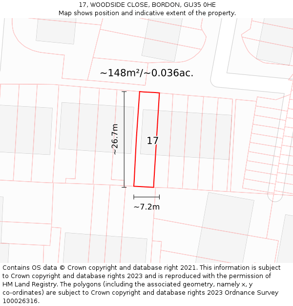 17, WOODSIDE CLOSE, BORDON, GU35 0HE: Plot and title map
