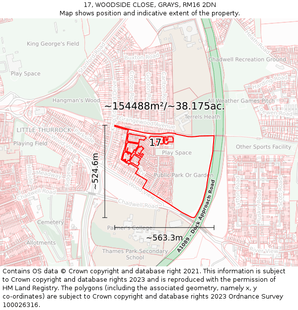 17, WOODSIDE CLOSE, GRAYS, RM16 2DN: Plot and title map