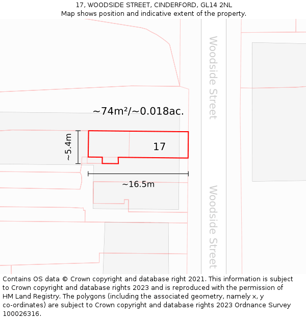 17, WOODSIDE STREET, CINDERFORD, GL14 2NL: Plot and title map