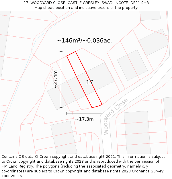 17, WOODYARD CLOSE, CASTLE GRESLEY, SWADLINCOTE, DE11 9HR: Plot and title map