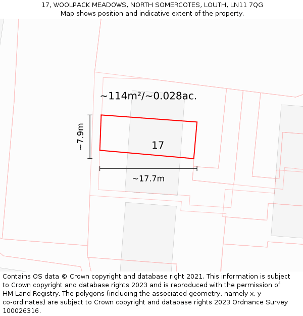17, WOOLPACK MEADOWS, NORTH SOMERCOTES, LOUTH, LN11 7QG: Plot and title map