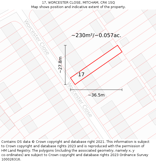 17, WORCESTER CLOSE, MITCHAM, CR4 1SQ: Plot and title map