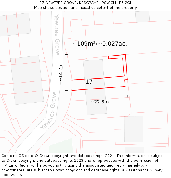 17, YEWTREE GROVE, KESGRAVE, IPSWICH, IP5 2GL: Plot and title map