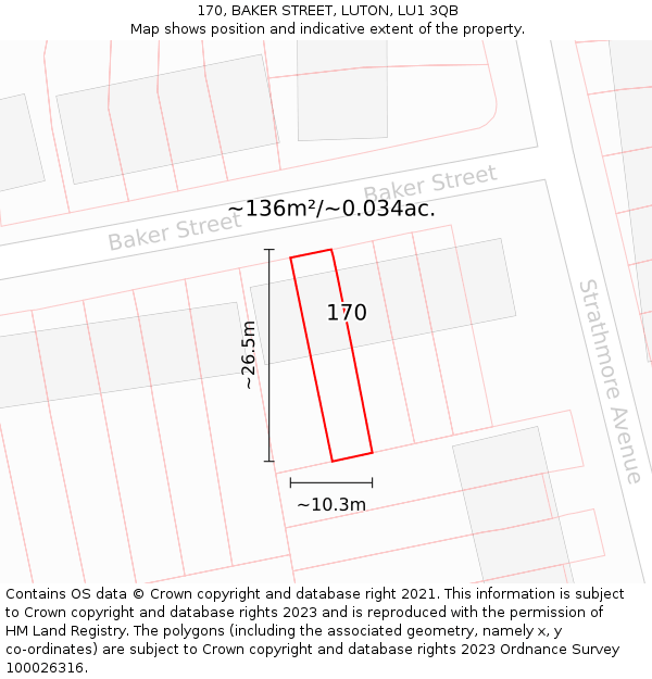 170, BAKER STREET, LUTON, LU1 3QB: Plot and title map