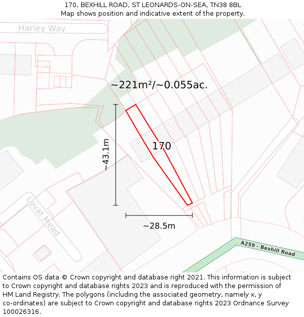 170, BEXHILL ROAD, ST LEONARDS-ON-SEA, TN38 8BL: Plot and title map