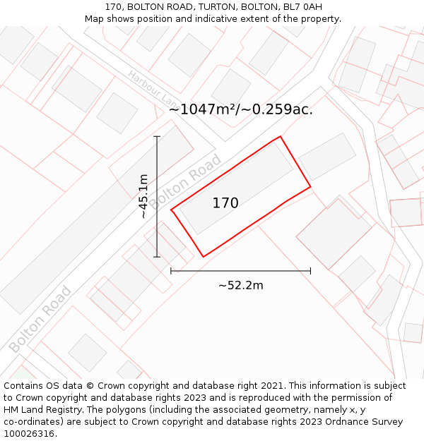 170, BOLTON ROAD, TURTON, BOLTON, BL7 0AH: Plot and title map