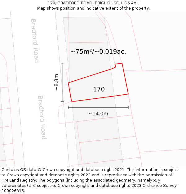 170, BRADFORD ROAD, BRIGHOUSE, HD6 4AU: Plot and title map
