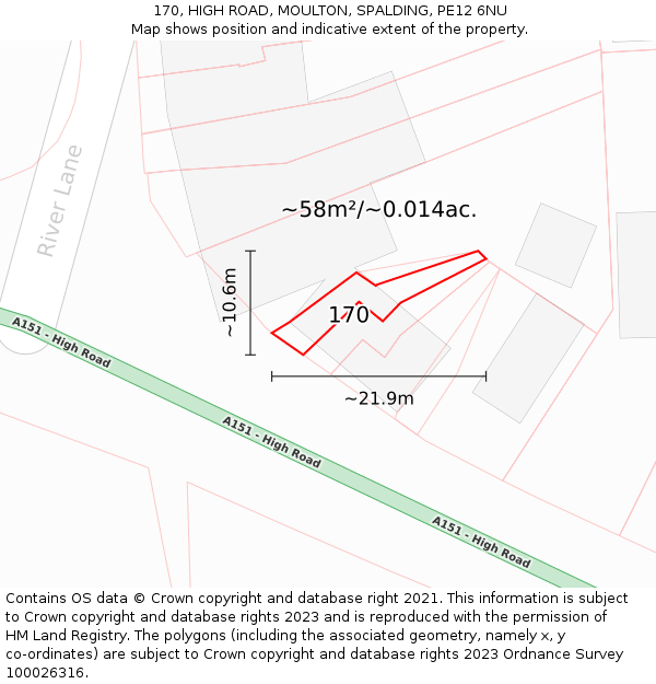 170, HIGH ROAD, MOULTON, SPALDING, PE12 6NU: Plot and title map