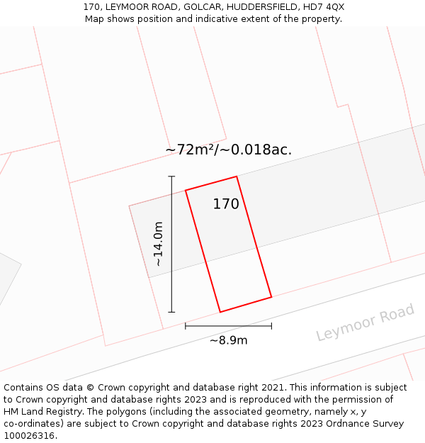 170, LEYMOOR ROAD, GOLCAR, HUDDERSFIELD, HD7 4QX: Plot and title map