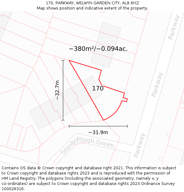 170, PARKWAY, WELWYN GARDEN CITY, AL8 6HZ: Plot and title map