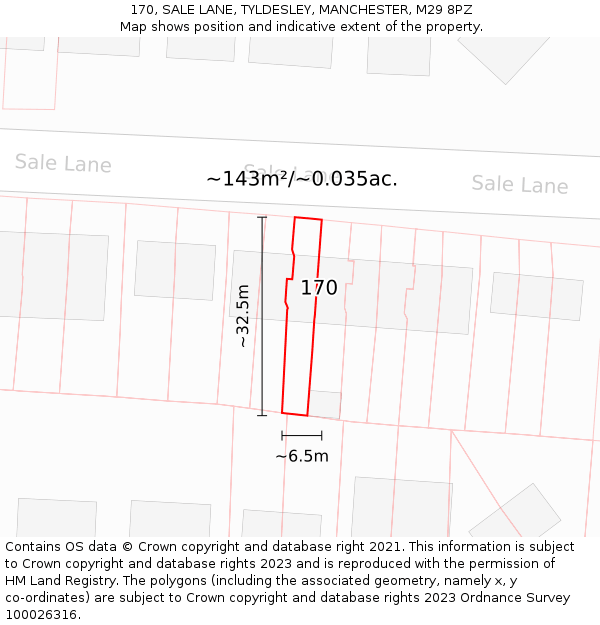 170, SALE LANE, TYLDESLEY, MANCHESTER, M29 8PZ: Plot and title map