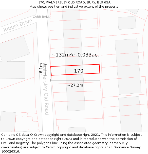 170, WALMERSLEY OLD ROAD, BURY, BL9 6SA: Plot and title map