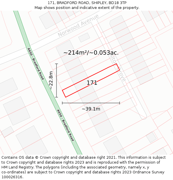 171, BRADFORD ROAD, SHIPLEY, BD18 3TP: Plot and title map
