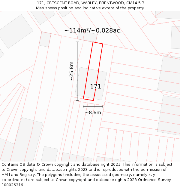 171, CRESCENT ROAD, WARLEY, BRENTWOOD, CM14 5JB: Plot and title map