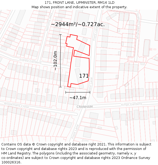 171, FRONT LANE, UPMINSTER, RM14 1LD: Plot and title map