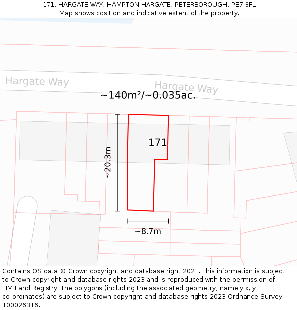 171, HARGATE WAY, HAMPTON HARGATE, PETERBOROUGH, PE7 8FL: Plot and title map