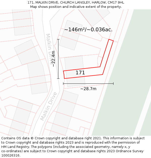 171, MALKIN DRIVE, CHURCH LANGLEY, HARLOW, CM17 9HL: Plot and title map