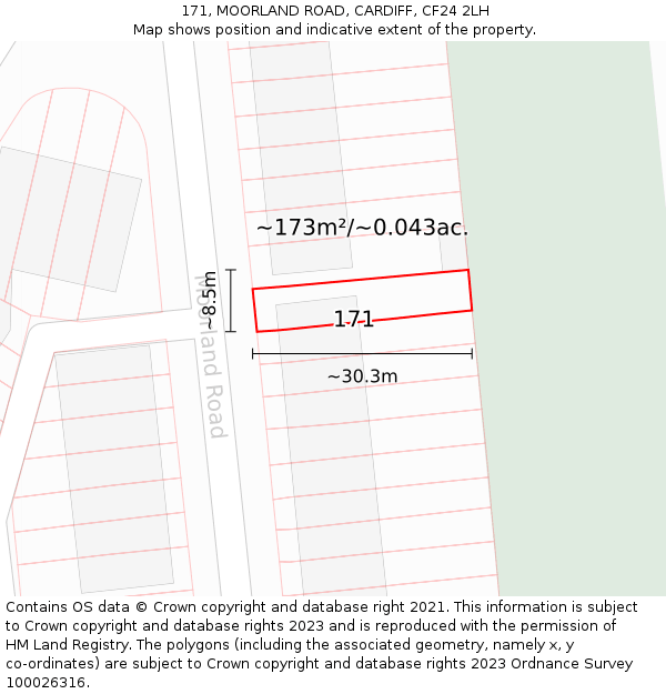 171, MOORLAND ROAD, CARDIFF, CF24 2LH: Plot and title map