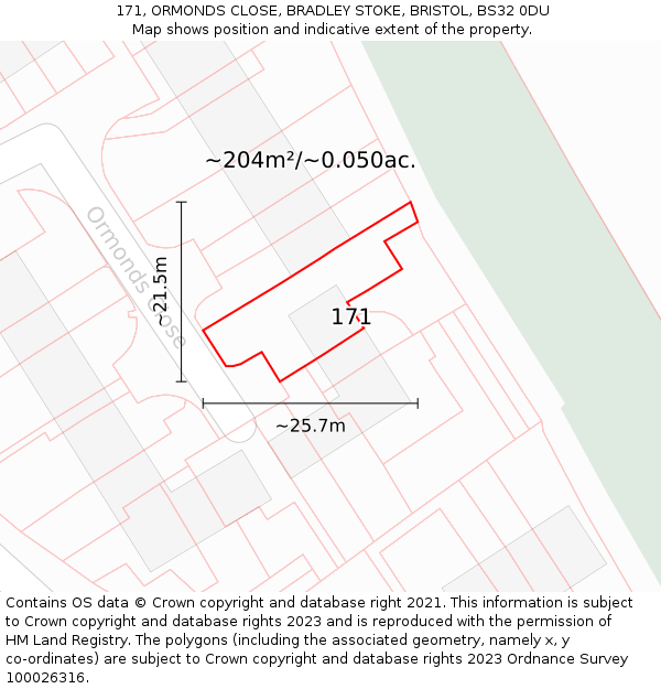 171, ORMONDS CLOSE, BRADLEY STOKE, BRISTOL, BS32 0DU: Plot and title map
