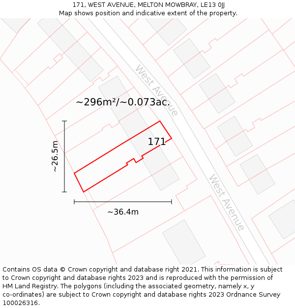 171, WEST AVENUE, MELTON MOWBRAY, LE13 0JJ: Plot and title map