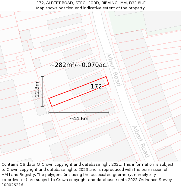 172, ALBERT ROAD, STECHFORD, BIRMINGHAM, B33 8UE: Plot and title map