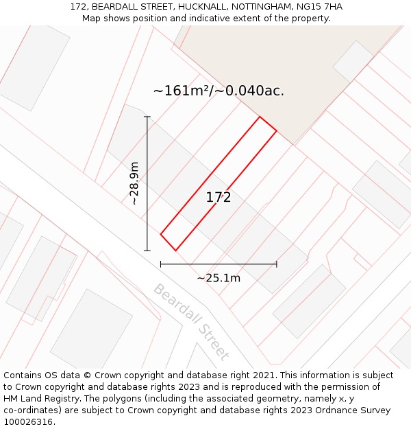172, BEARDALL STREET, HUCKNALL, NOTTINGHAM, NG15 7HA: Plot and title map