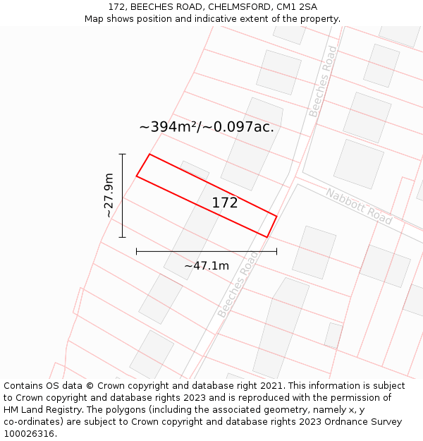 172, BEECHES ROAD, CHELMSFORD, CM1 2SA: Plot and title map