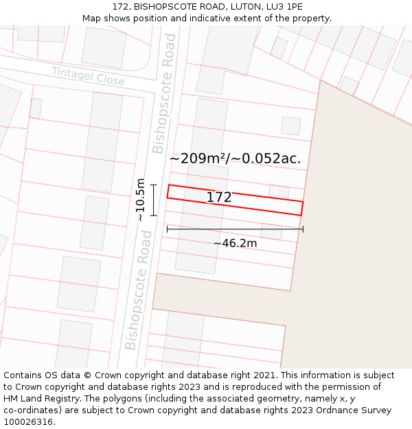 172, BISHOPSCOTE ROAD, LUTON, LU3 1PE: Plot and title map