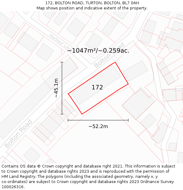 172, BOLTON ROAD, TURTON, BOLTON, BL7 0AH: Plot and title map